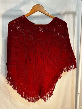 Red Crochet Knit Fringe Poncho Boho Festival Cover Up